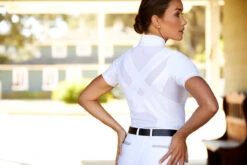 Ariat Womens Ascent 1/4 Zip Short Sleeve Show Shirt -Equestrian Clothing Store S23 WMS ENGL Carmel LaCunha Shot 02 7942 RTL