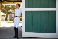 Ariat Womens Ascent 1/4 Zip Short Sleeve Show Shirt -Equestrian Clothing Store S23 WMS ENGL Carmel LaCunha Shot 02 8052 RTL