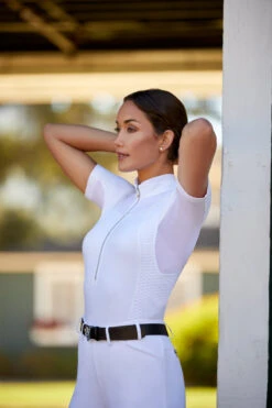 Ariat Womens Ascent 1/4 Zip Short Sleeve Show Shirt -Equestrian Clothing Store S23 WMS ENGL Carmel LaCunha Shot 02 8136 RTL