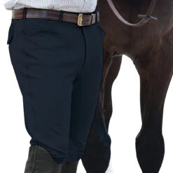 Ovation Men's EuroWeave Front Zip 4-Pocket Knee Patch Breeches -Equestrian Clothing Store navy 75151.1588796602.1280.1280